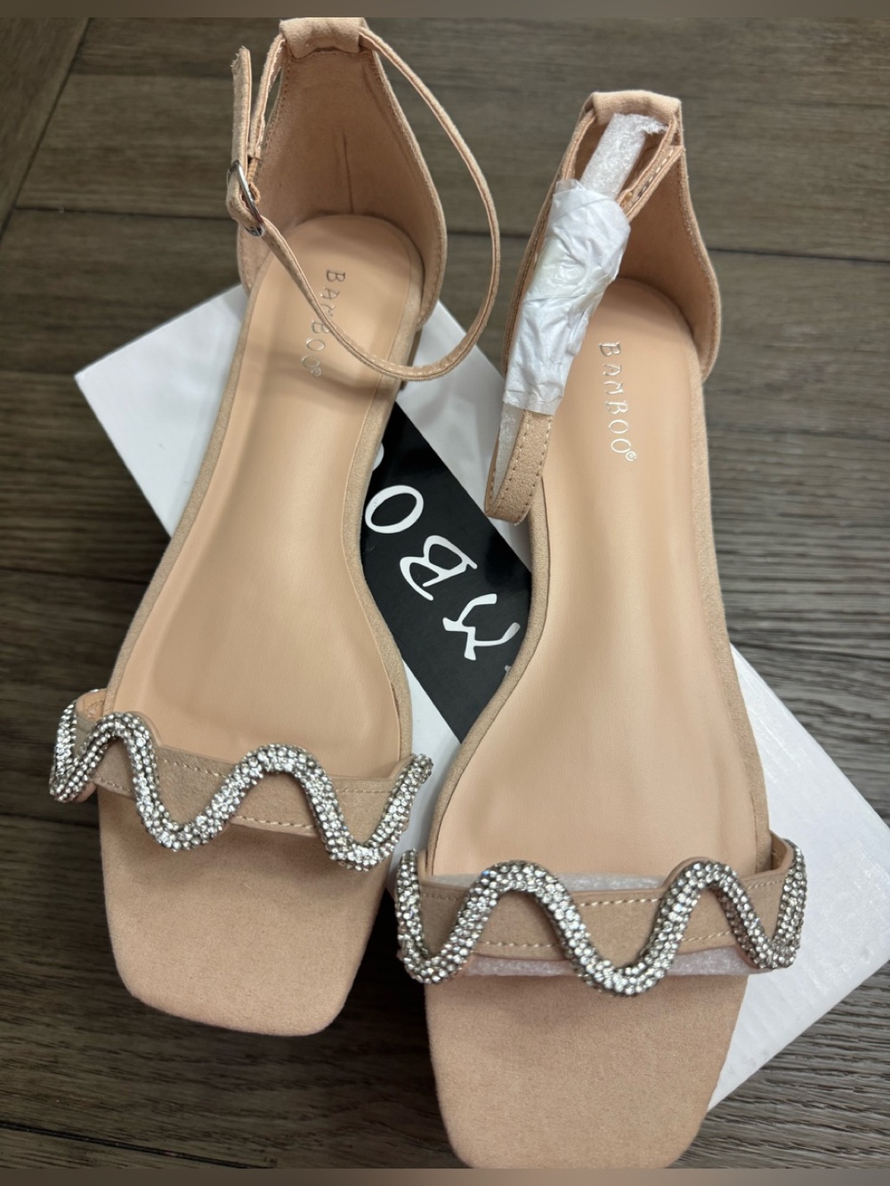 Bamboo Barefoot Nude Ankle-Strap Suede Sandals w/ Crystal Wave Accent, brand new